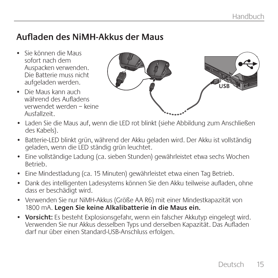 Aufladen des nimh-akkus der maus | Logitech Rechargeable Cordless Laser Mouse for Business 1100R User Manual | Page 15 / 112