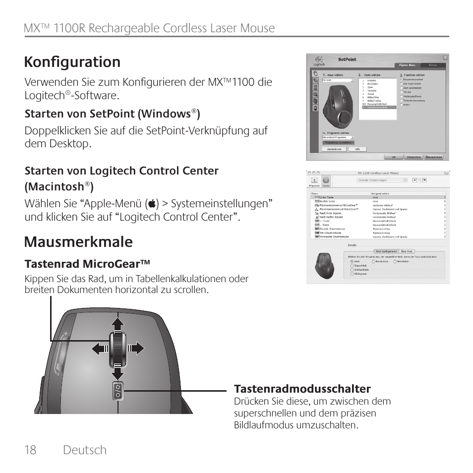 Konfiguration, Mausmerkmale | Logitech Rechargeable Cordless Laser Mouse for Business 1100R User Manual | Page 18 / 112