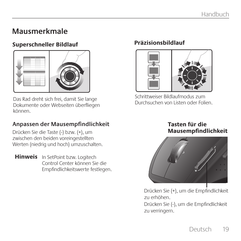 Mausmerkmale, Deutsch, 19 handbuch | Logitech Rechargeable Cordless Laser Mouse for Business 1100R User Manual | Page 19 / 112