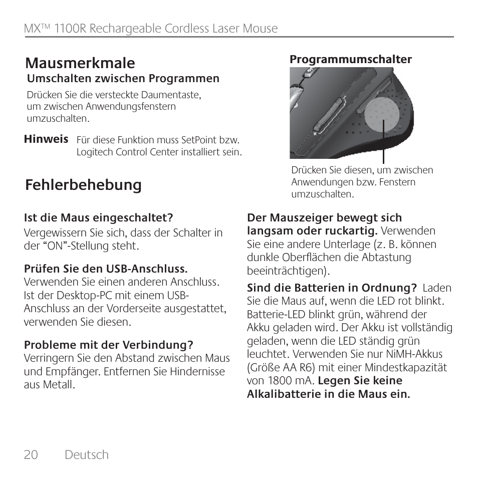 Fehlerbehebung mausmerkmale | Logitech Rechargeable Cordless Laser Mouse for Business 1100R User Manual | Page 20 / 112