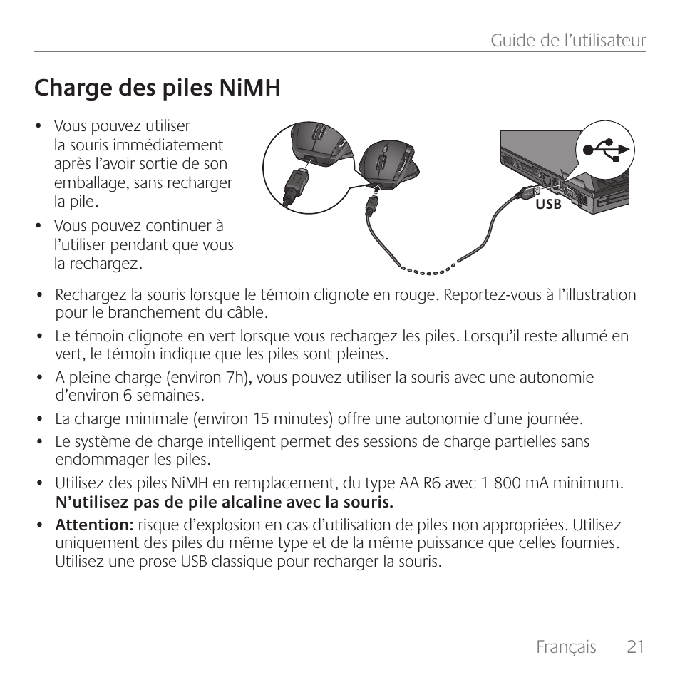 Charge des piles nimh | Logitech Rechargeable Cordless Laser Mouse for Business 1100R User Manual | Page 21 / 112
