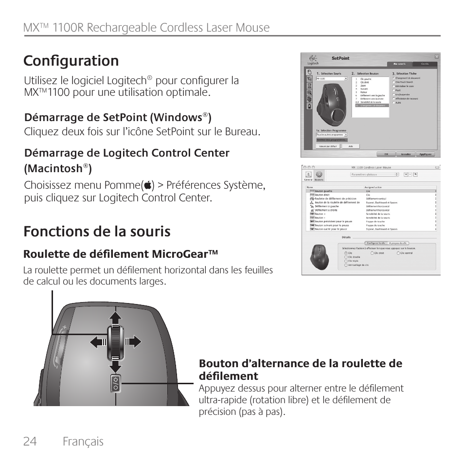 Configuration, Fonctions de la souris | Logitech Rechargeable Cordless Laser Mouse for Business 1100R User Manual | Page 24 / 112