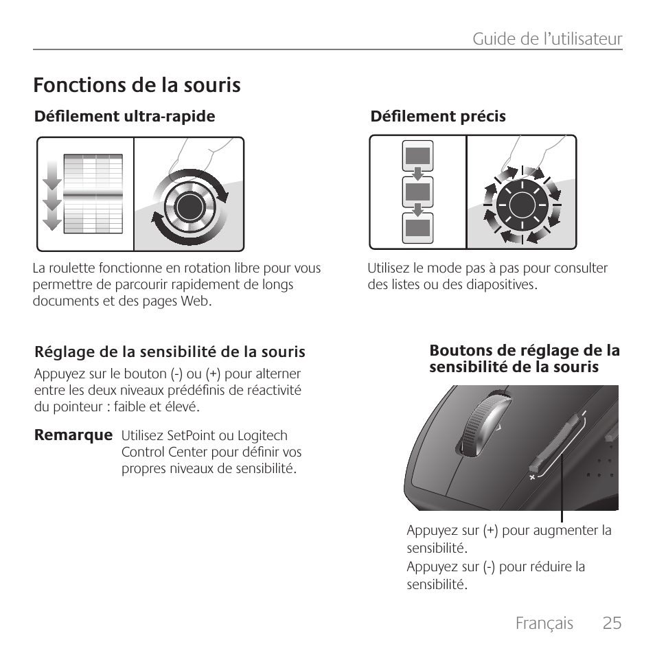 Fonctions de la souris, Français, 25 guide de l’utilisateur | Logitech Rechargeable Cordless Laser Mouse for Business 1100R User Manual | Page 25 / 112