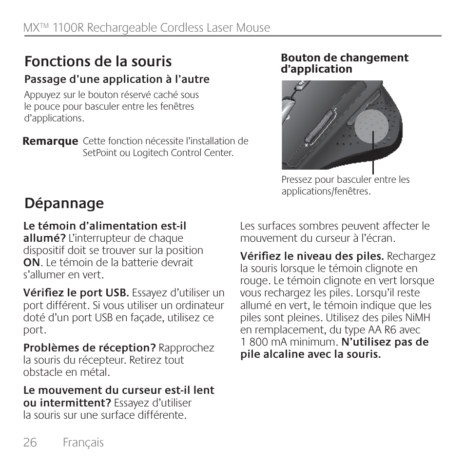 Dépannage fonctions de la souris | Logitech Rechargeable Cordless Laser Mouse for Business 1100R User Manual | Page 26 / 112