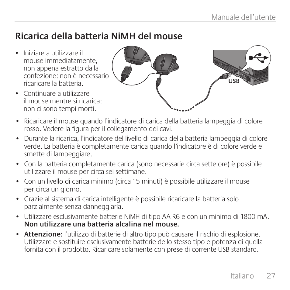 Ricarica della batteria nimh del mouse | Logitech Rechargeable Cordless Laser Mouse for Business 1100R User Manual | Page 27 / 112