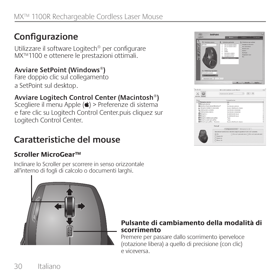 Configurazione, Caratteristiche del mouse | Logitech Rechargeable Cordless Laser Mouse for Business 1100R User Manual | Page 30 / 112