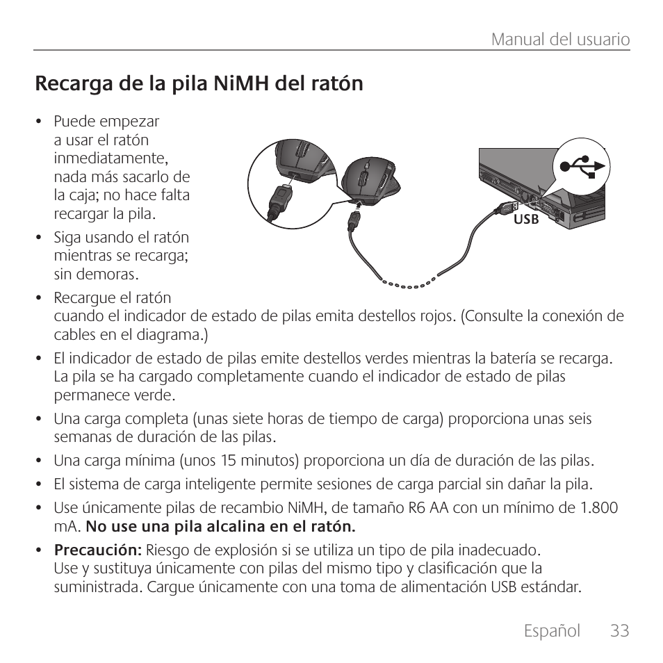 Recarga de la pila nimh del ratón | Logitech Rechargeable Cordless Laser Mouse for Business 1100R User Manual | Page 33 / 112