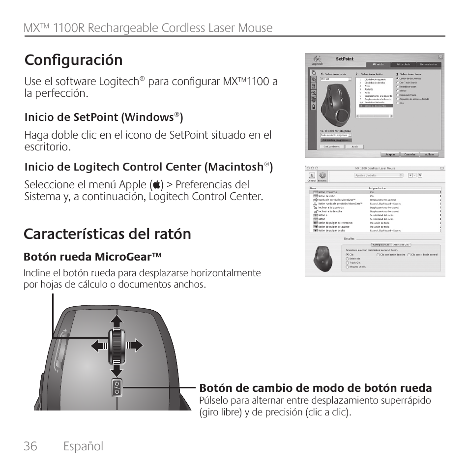 Características del ratón configuración | Logitech Rechargeable Cordless Laser Mouse for Business 1100R User Manual | Page 36 / 112