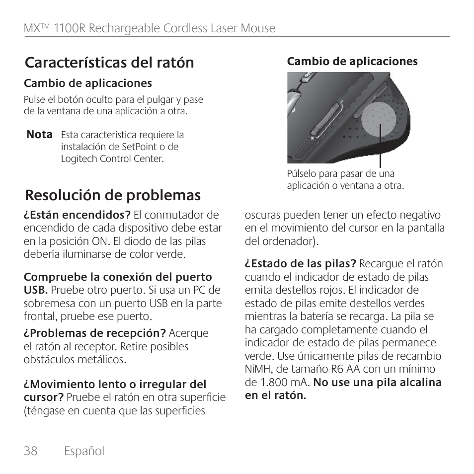 Resolución de problemas características del ratón | Logitech Rechargeable Cordless Laser Mouse for Business 1100R User Manual | Page 38 / 112