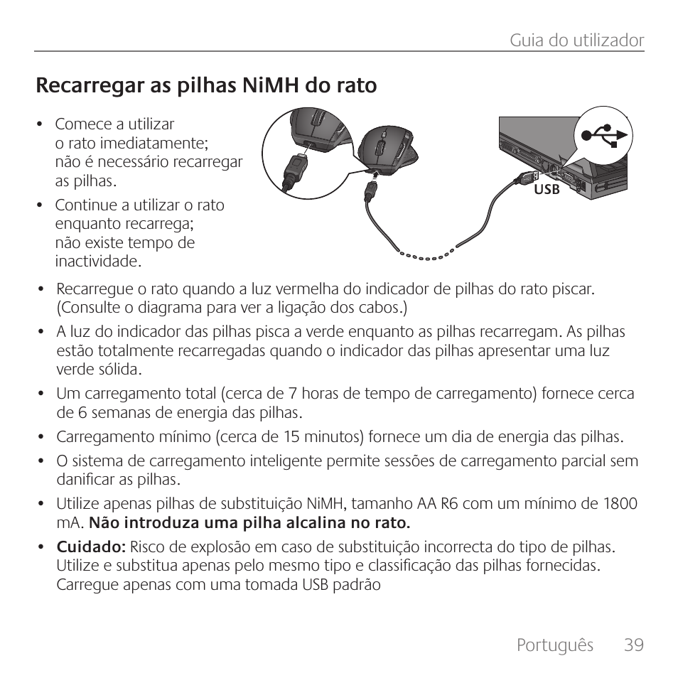 Recarregar as pilhas nimh do rato | Logitech Rechargeable Cordless Laser Mouse for Business 1100R User Manual | Page 39 / 112