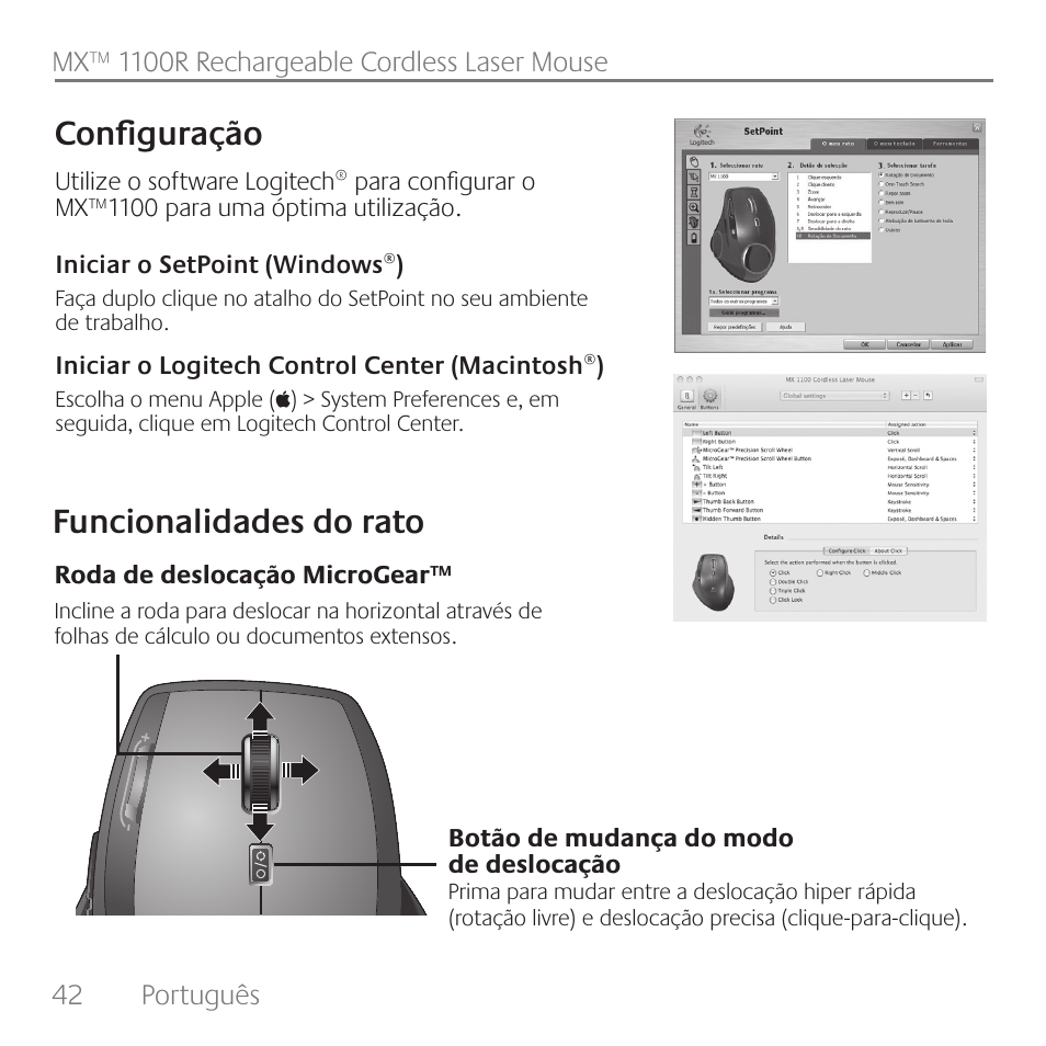 Funcionalidades do rato configuração | Logitech Rechargeable Cordless Laser Mouse for Business 1100R User Manual | Page 42 / 112