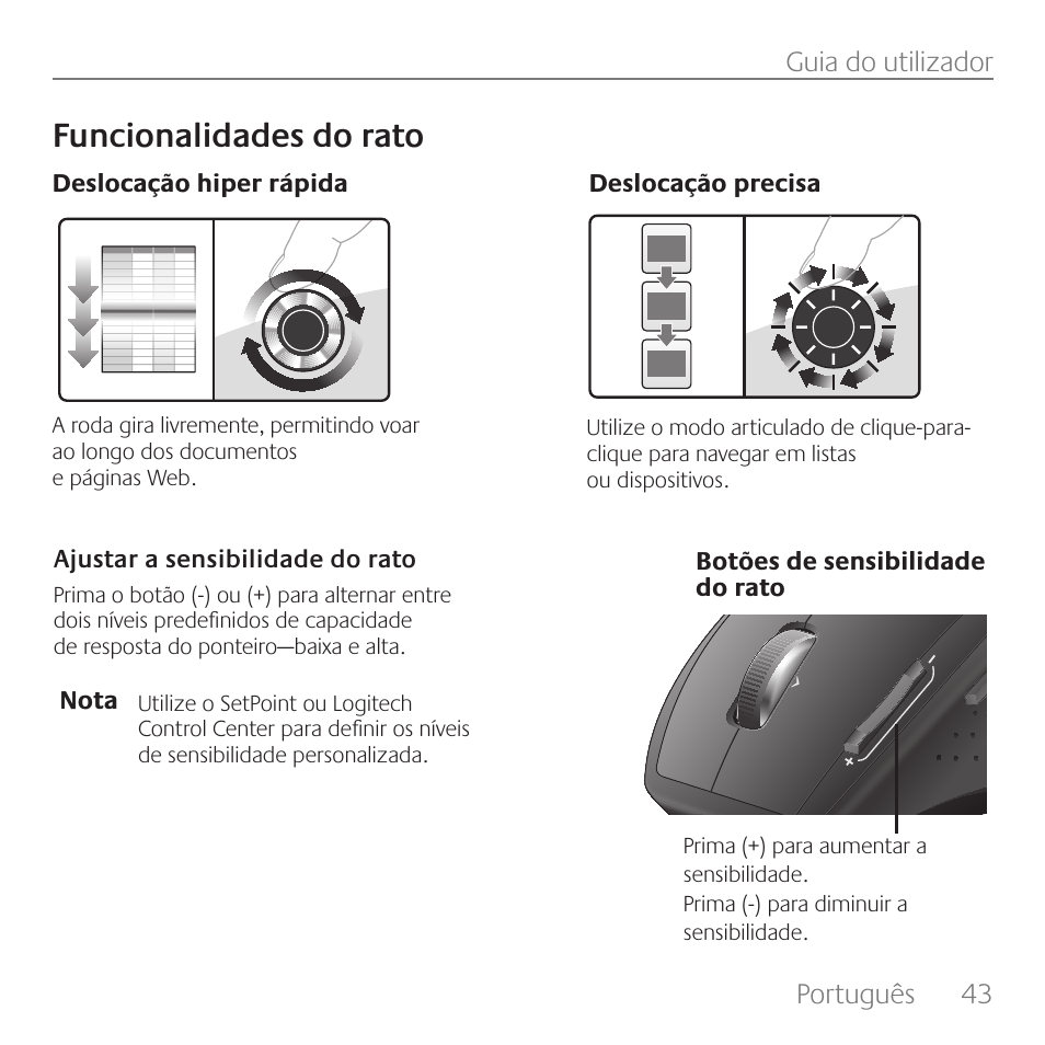 Funcionalidades do rato, Português, 43 guia do utilizador | Logitech Rechargeable Cordless Laser Mouse for Business 1100R User Manual | Page 43 / 112