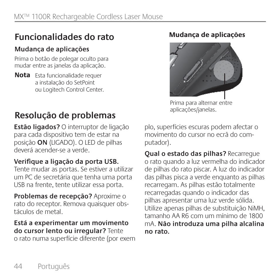 Resolução de problemas funcionalidades do rato | Logitech Rechargeable Cordless Laser Mouse for Business 1100R User Manual | Page 44 / 112