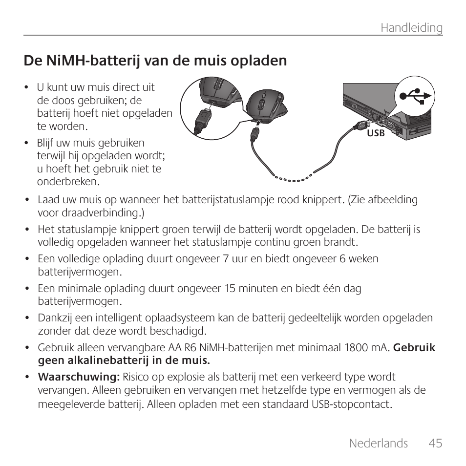 De nimh-batterij van de muis opladen | Logitech Rechargeable Cordless Laser Mouse for Business 1100R User Manual | Page 45 / 112
