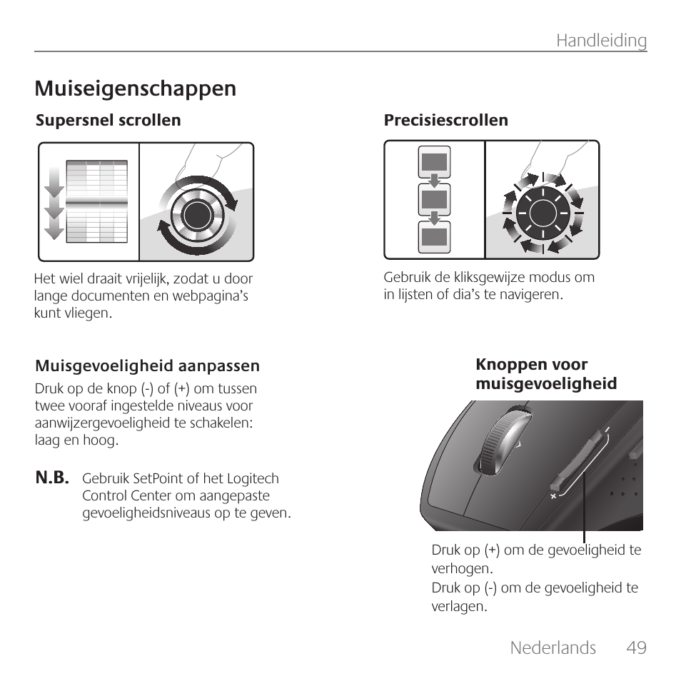Muiseigenschappen, Nederlands, 49 handleiding | Logitech Rechargeable Cordless Laser Mouse for Business 1100R User Manual | Page 49 / 112