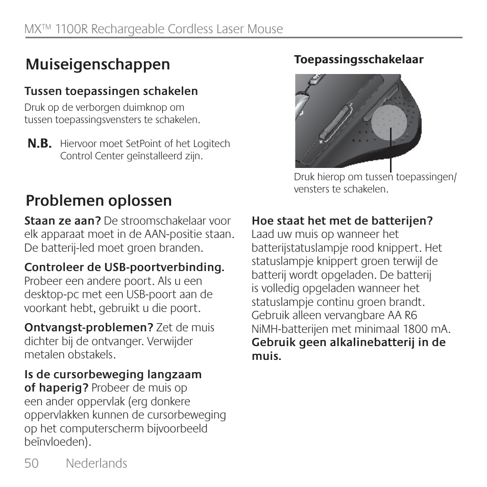 Problemen oplossen muiseigenschappen | Logitech Rechargeable Cordless Laser Mouse for Business 1100R User Manual | Page 50 / 112