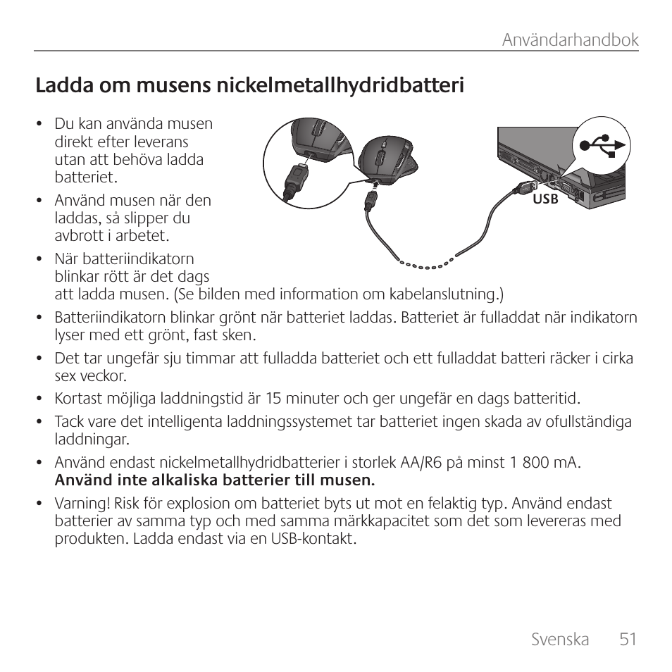 Ladda om musens nickelmetallhydridbatteri | Logitech Rechargeable Cordless Laser Mouse for Business 1100R User Manual | Page 51 / 112