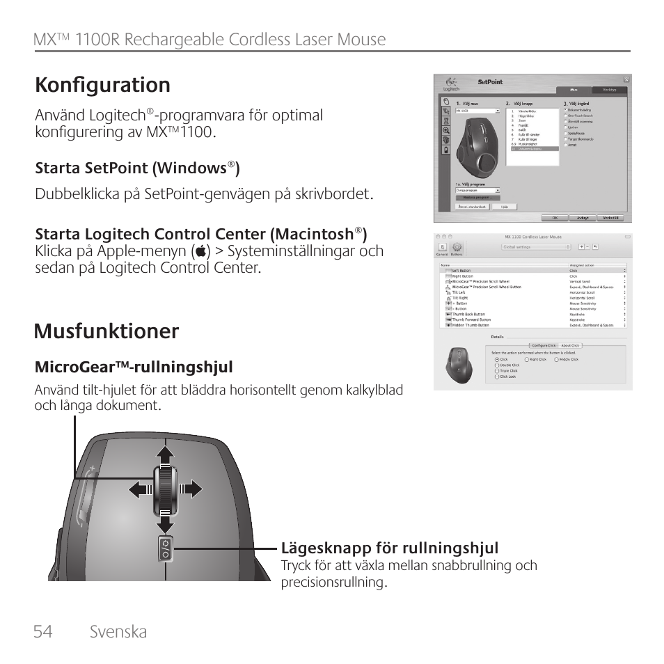 Musfunktioner konfiguration | Logitech Rechargeable Cordless Laser Mouse for Business 1100R User Manual | Page 54 / 112