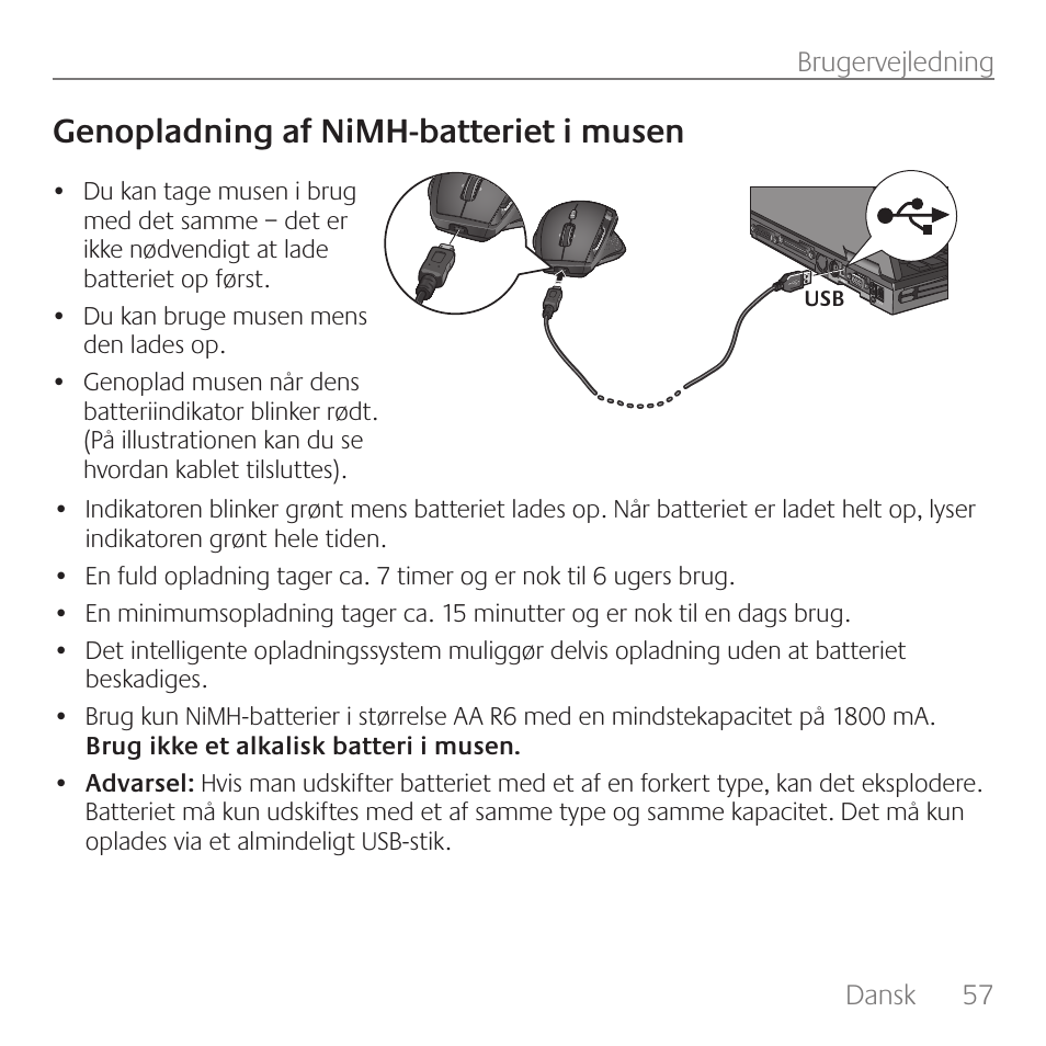 Genopladning af nimh-batteriet i musen | Logitech Rechargeable Cordless Laser Mouse for Business 1100R User Manual | Page 57 / 112
