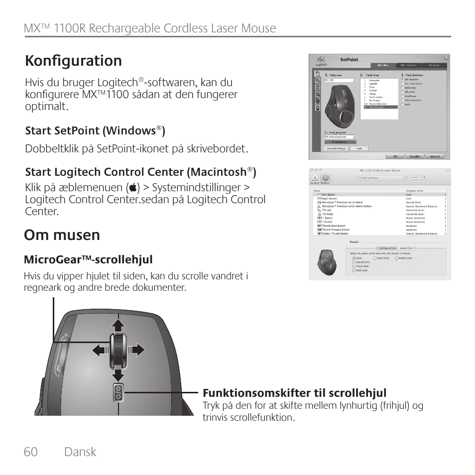 Om musen konfiguration | Logitech Rechargeable Cordless Laser Mouse for Business 1100R User Manual | Page 60 / 112