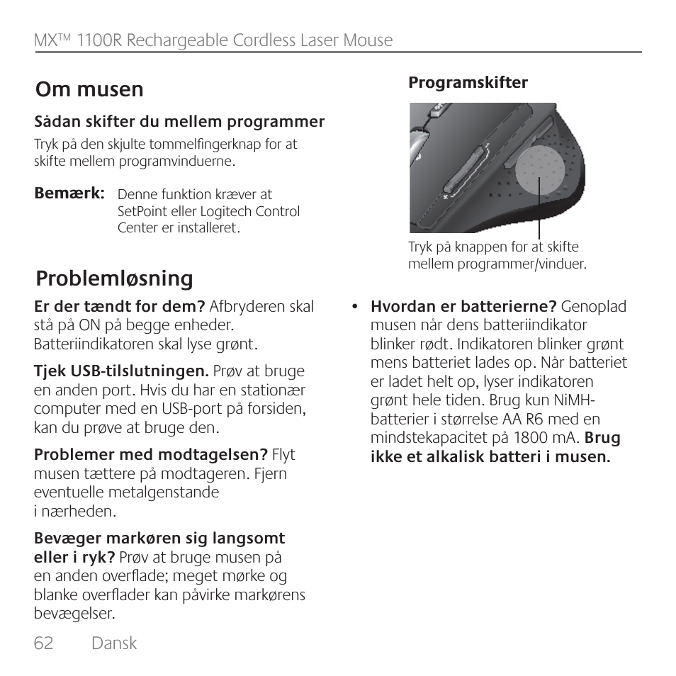 Problemløsning om musen | Logitech Rechargeable Cordless Laser Mouse for Business 1100R User Manual | Page 62 / 112
