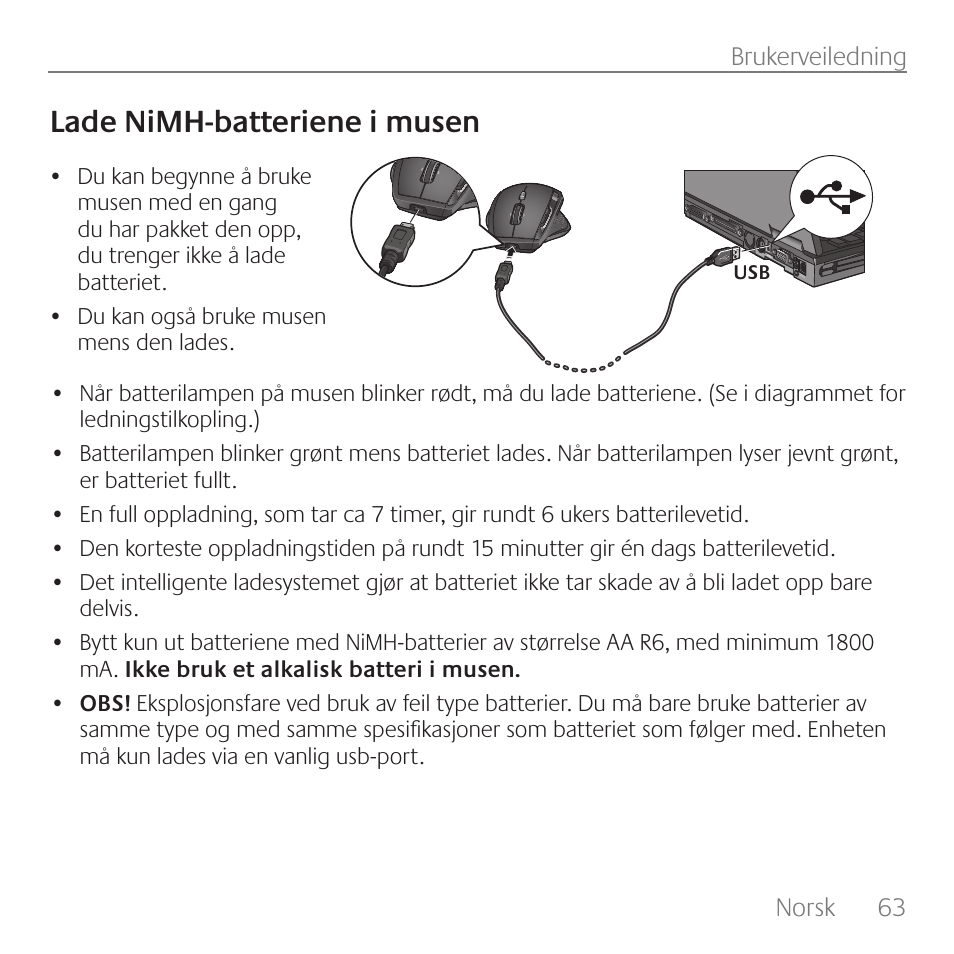 Lade nimh-batteriene i musen | Logitech Rechargeable Cordless Laser Mouse for Business 1100R User Manual | Page 63 / 112