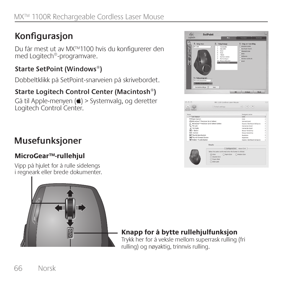 Musefunksjoner konfigurasjon | Logitech Rechargeable Cordless Laser Mouse for Business 1100R User Manual | Page 66 / 112