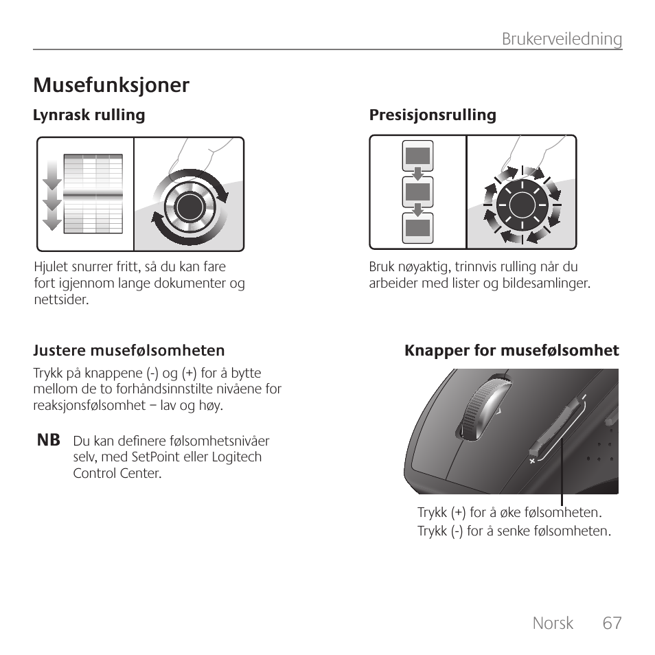 Musefunksjoner, Norsk, 67 brukerveiledning | Logitech Rechargeable Cordless Laser Mouse for Business 1100R User Manual | Page 67 / 112