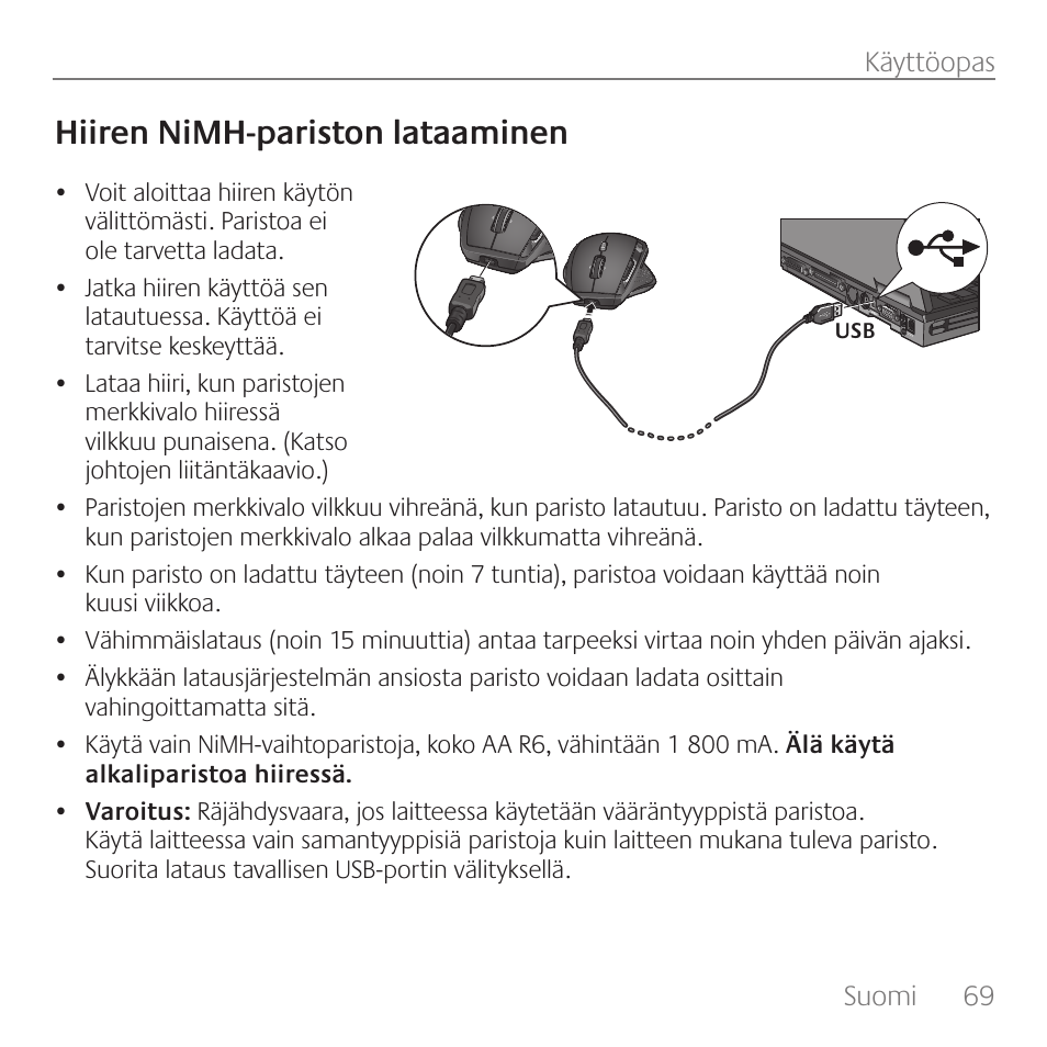 Hiiren nimh-pariston lataaminen | Logitech Rechargeable Cordless Laser Mouse for Business 1100R User Manual | Page 69 / 112