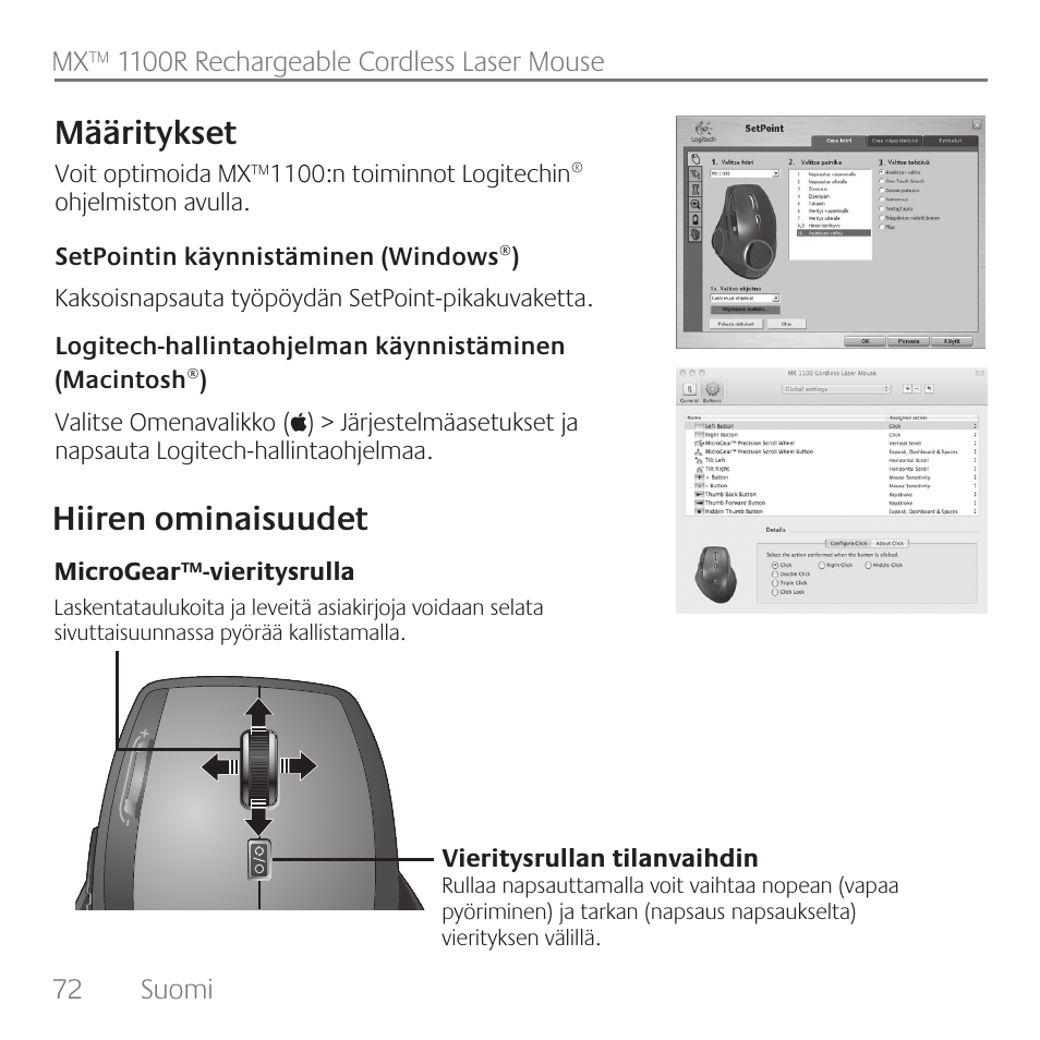 Hiiren ominaisuudet määritykset | Logitech Rechargeable Cordless Laser Mouse for Business 1100R User Manual | Page 72 / 112