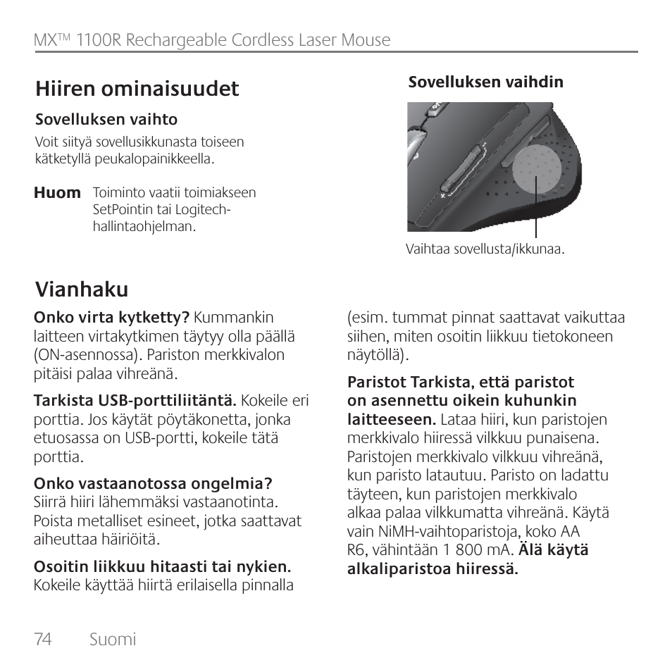 Vianhaku hiiren ominaisuudet | Logitech Rechargeable Cordless Laser Mouse for Business 1100R User Manual | Page 74 / 112