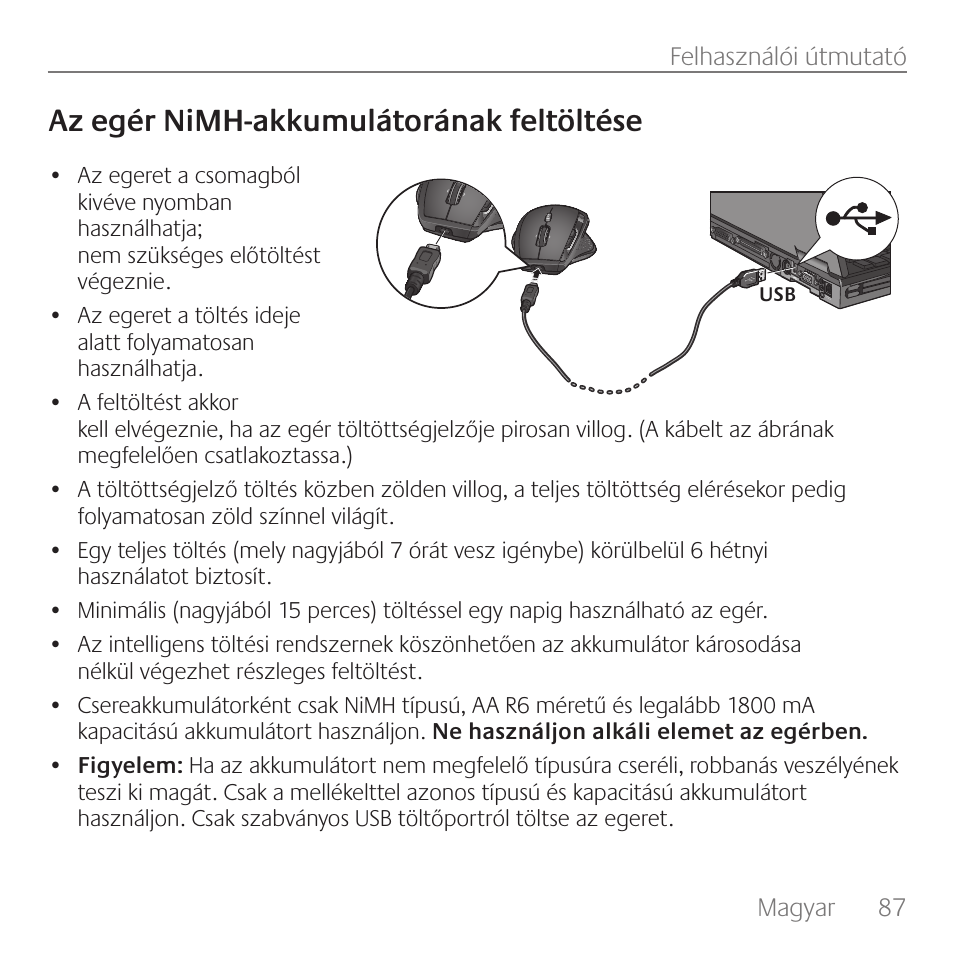 Az egér nimh-akkumulátorának feltöltése | Logitech Rechargeable Cordless Laser Mouse for Business 1100R User Manual | Page 87 / 112