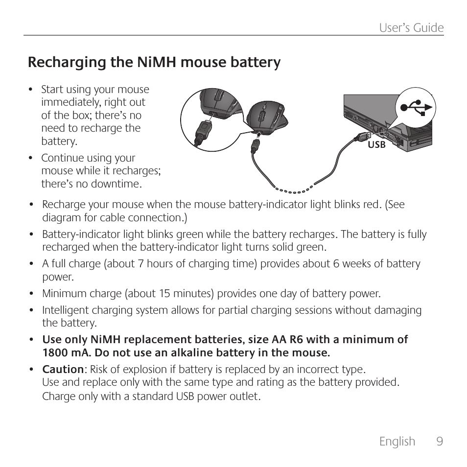 Recharging the nimh mouse battery | Logitech Rechargeable Cordless Laser Mouse for Business 1100R User Manual | Page 9 / 112