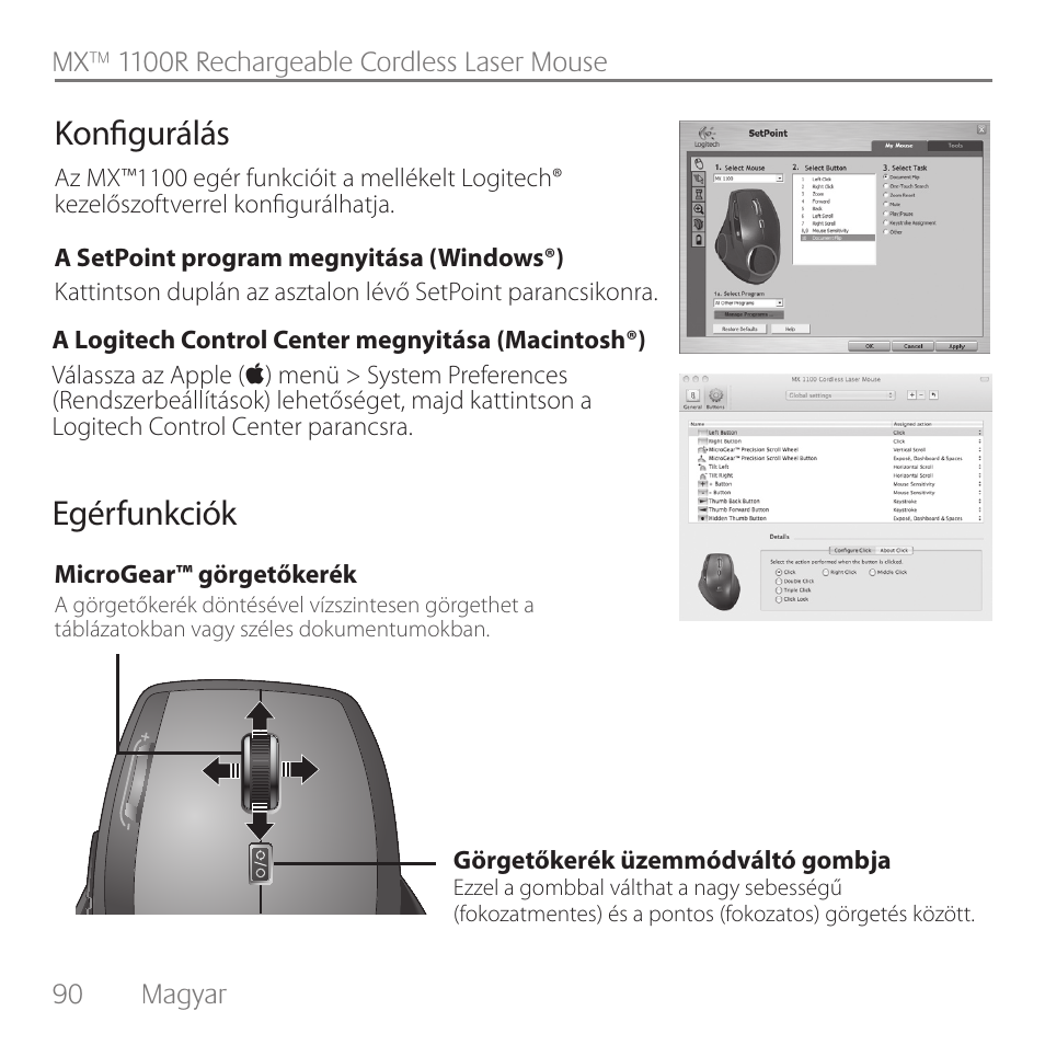 Egérfunkciók konfigurálás | Logitech Rechargeable Cordless Laser Mouse for Business 1100R User Manual | Page 90 / 112