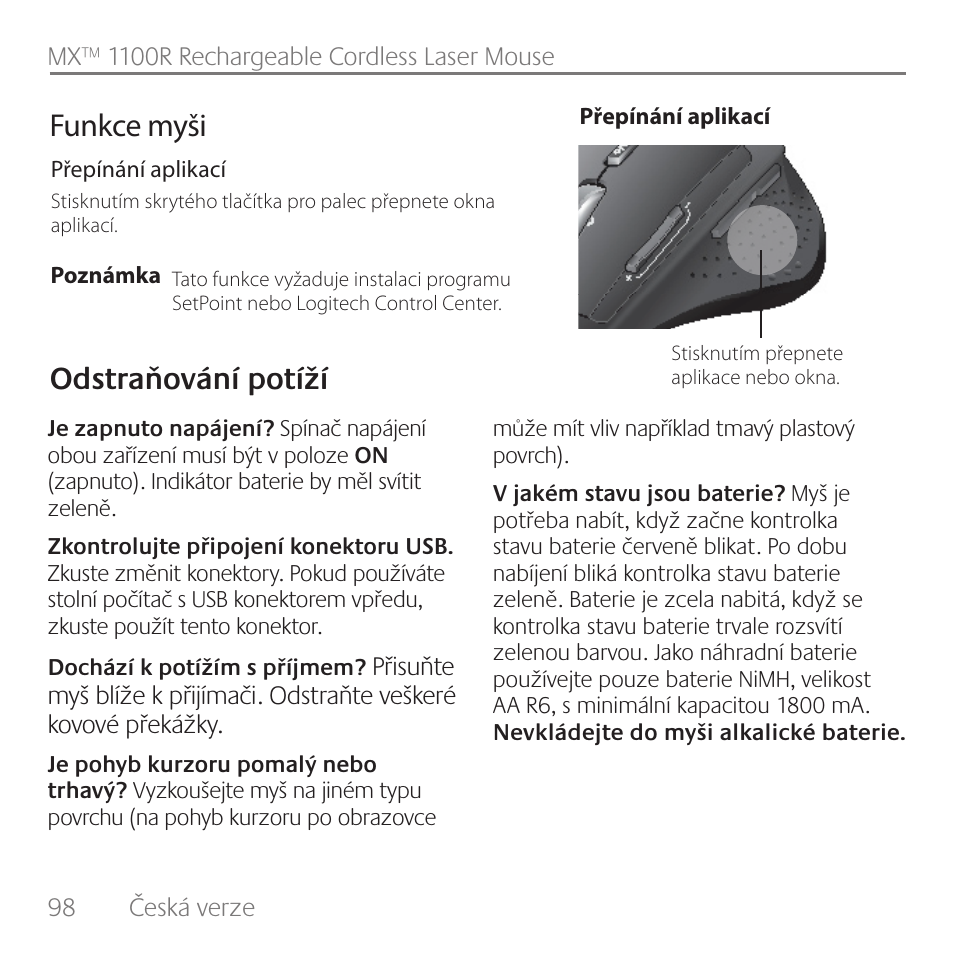 Funkce myši, Odstraňování potíží | Logitech Rechargeable Cordless Laser Mouse for Business 1100R User Manual | Page 98 / 112