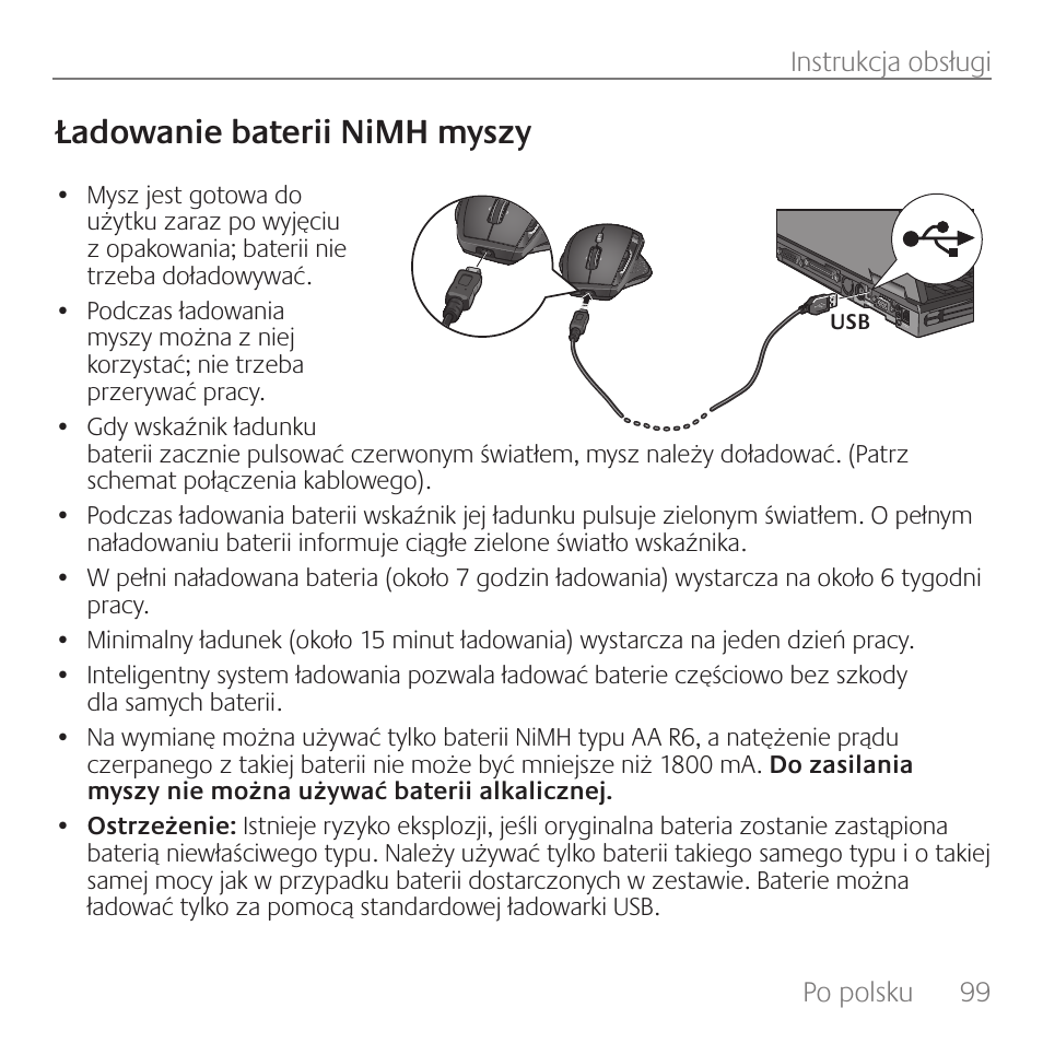 Ładowanie baterii nimh myszy | Logitech Rechargeable Cordless Laser Mouse for Business 1100R User Manual | Page 99 / 112