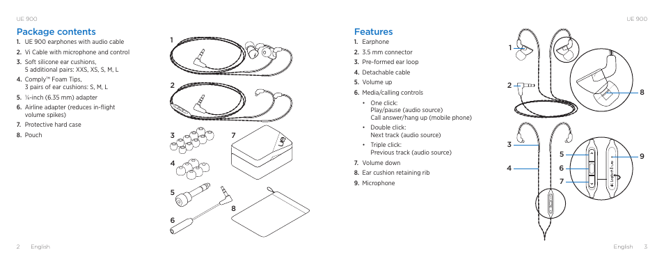 Package contents, Features | Logitech ULTIMATE EARS 900 User Manual | Page 2 / 5