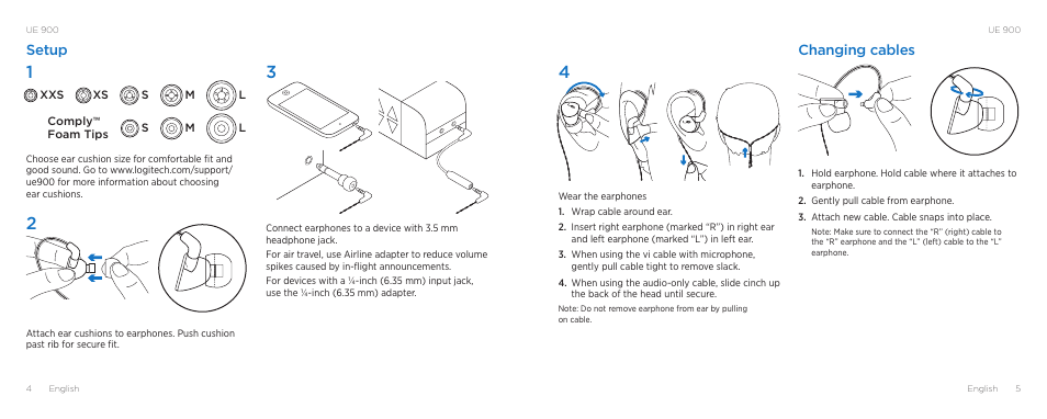 Setup, Changing cables | Logitech ULTIMATE EARS 900 User Manual | Page 3 / 5