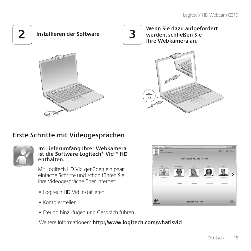 Erste schritte mit videogesprächen | Logitech C310 User Manual | Page 15 / 104