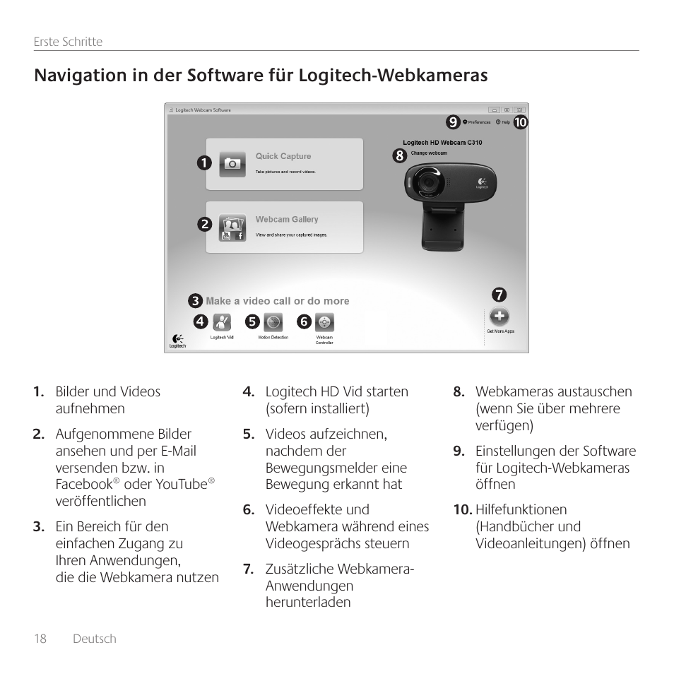 Navigation in der software für logitech-webkameras | Logitech C310 User Manual | Page 18 / 104