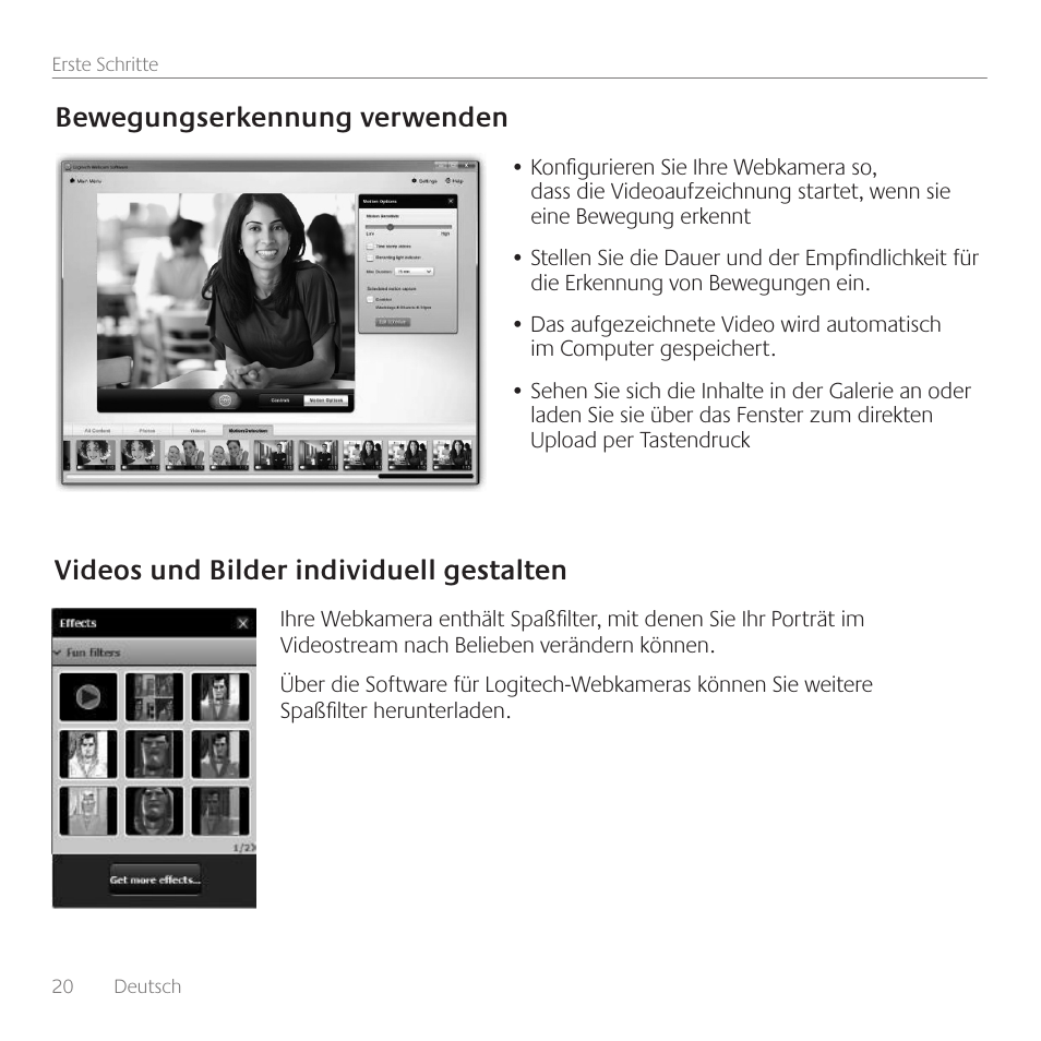 Bewegungserkennung verwenden, Videos und bilder individuell gestalten | Logitech C310 User Manual | Page 20 / 104