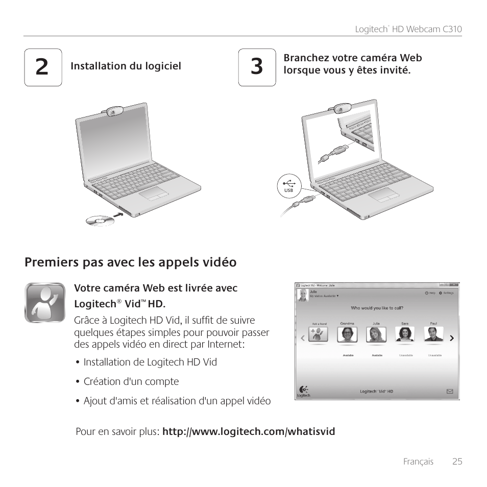 Premiers pas avec les appels vidéo | Logitech C310 User Manual | Page 25 / 104