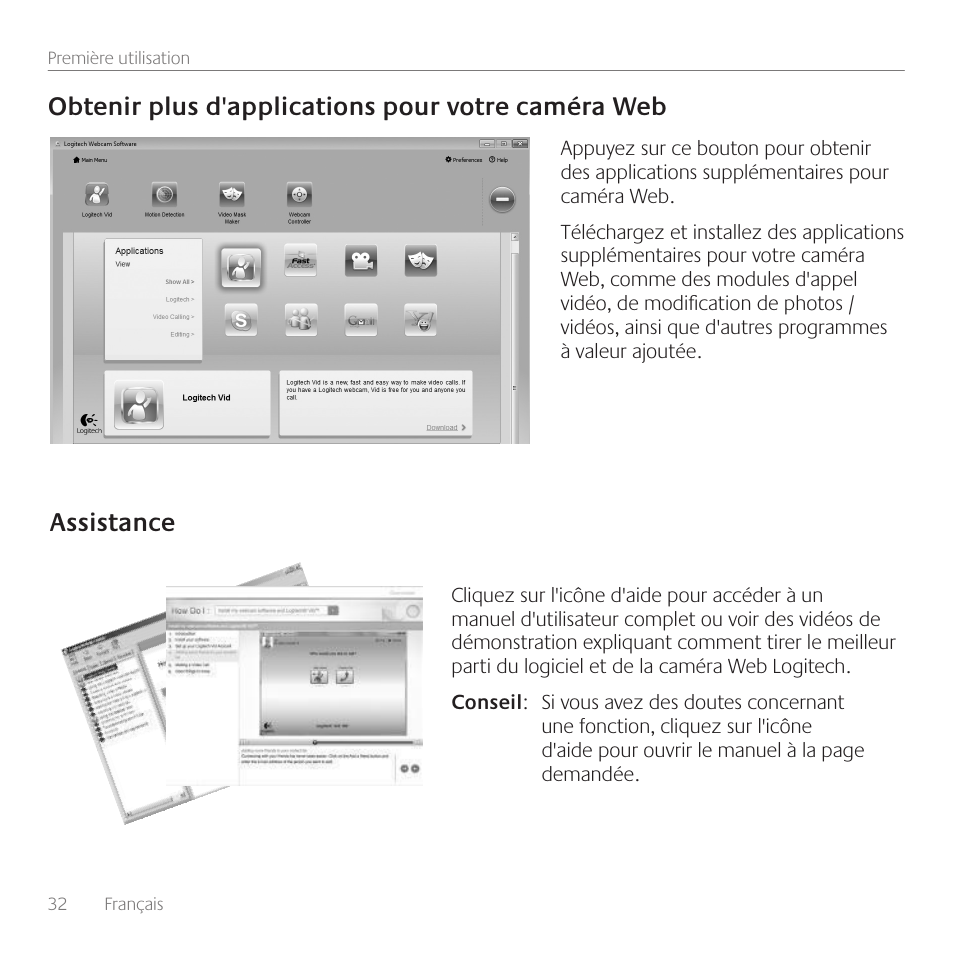 Obtenir plus d'applications pour votre caméra web, Assistance | Logitech C310 User Manual | Page 32 / 104