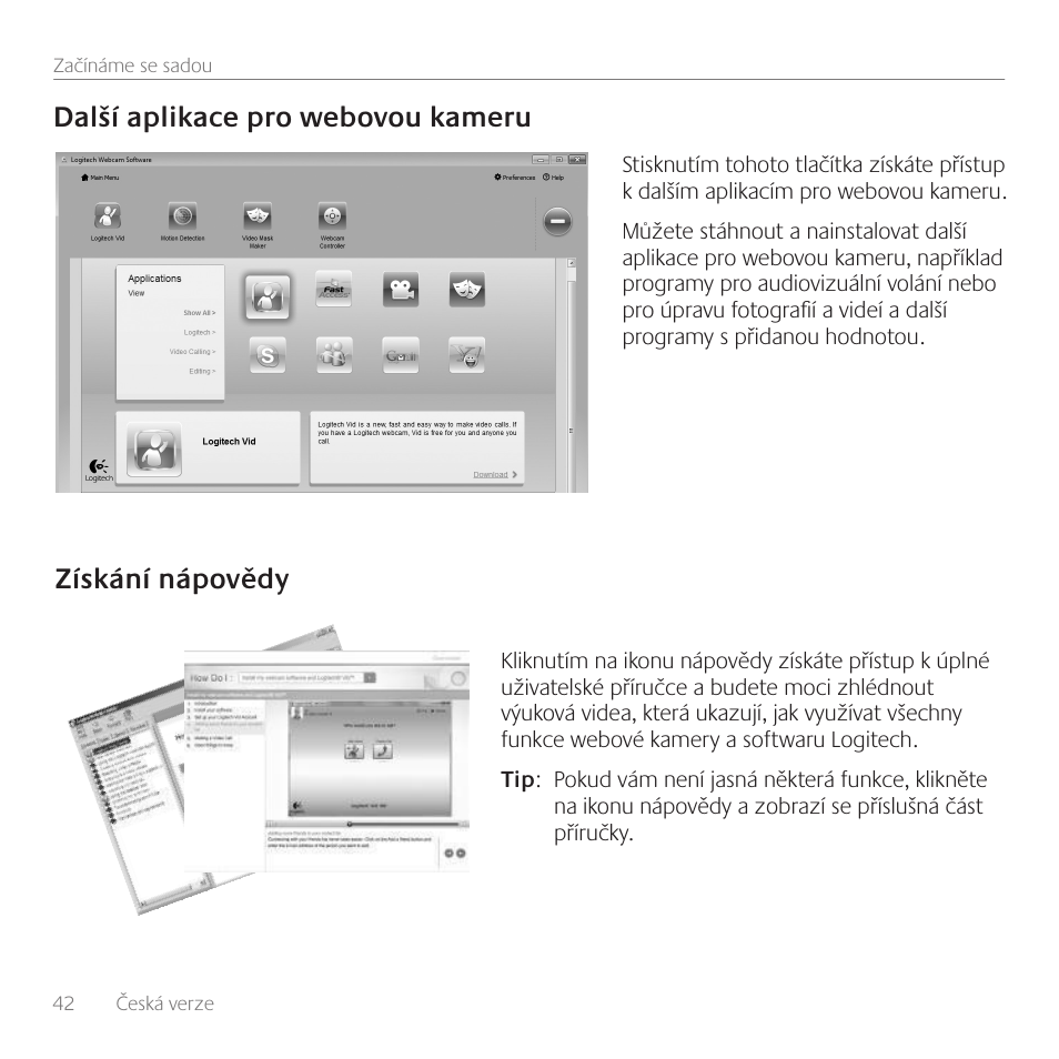 Další aplikace pro webovou kameru, Získání nápovědy | Logitech C310 User Manual | Page 42 / 104