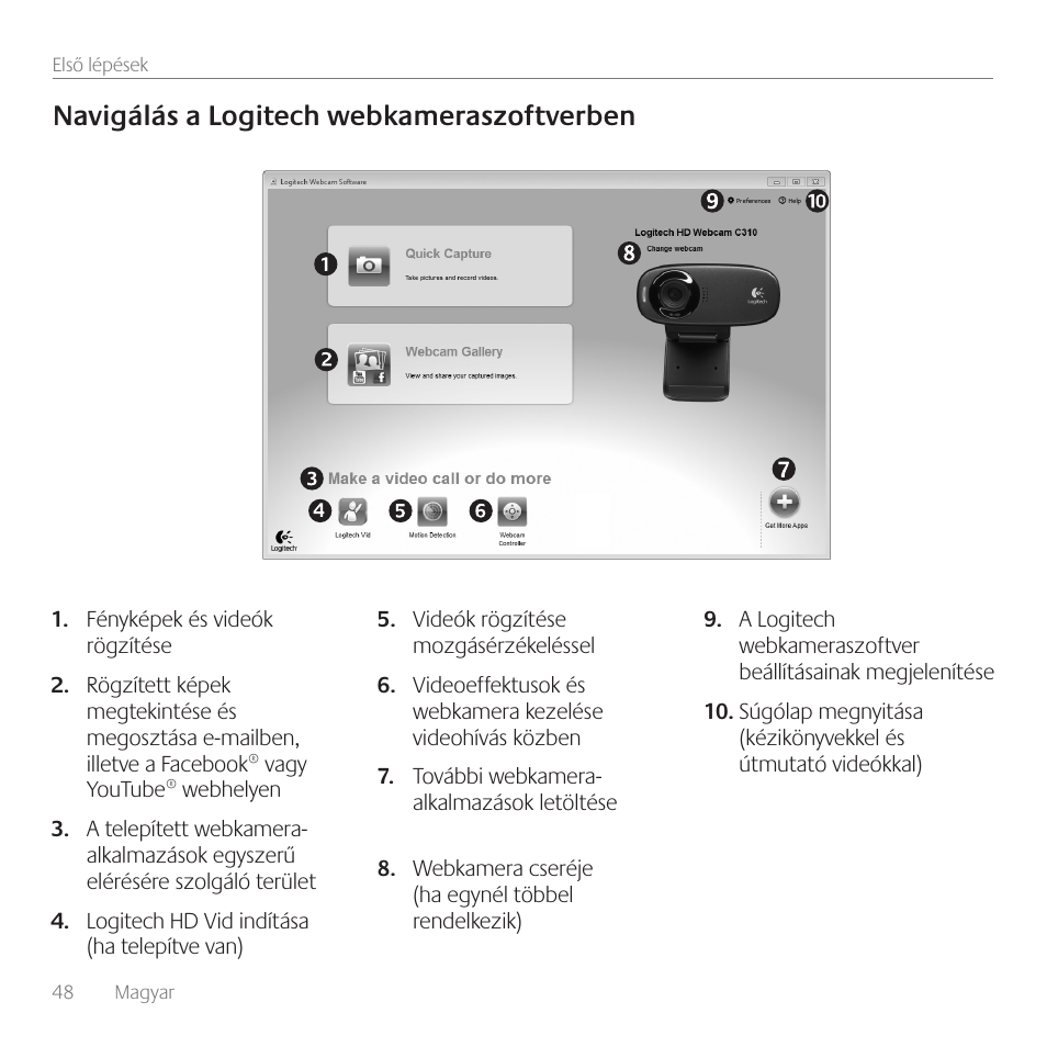 Navigálás a logitech webkameraszoftverben | Logitech C310 User Manual | Page 48 / 104