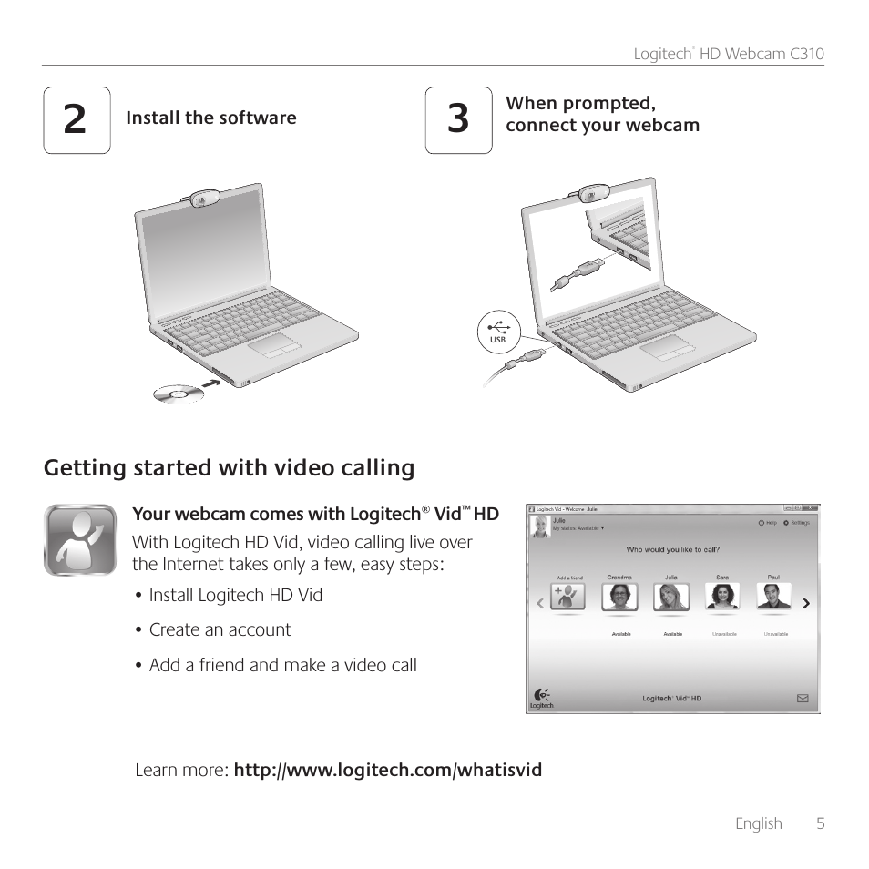 Getting started with video calling | Logitech C310 User Manual | Page 5 / 104