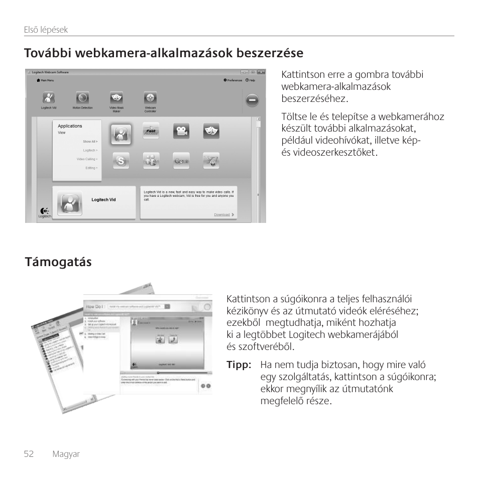 További webkamera-alkalmazások beszerzése, Támogatás | Logitech C310 User Manual | Page 52 / 104