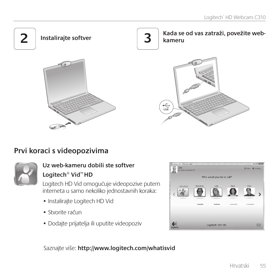 Prvi koraci s videopozivima | Logitech C310 User Manual | Page 55 / 104