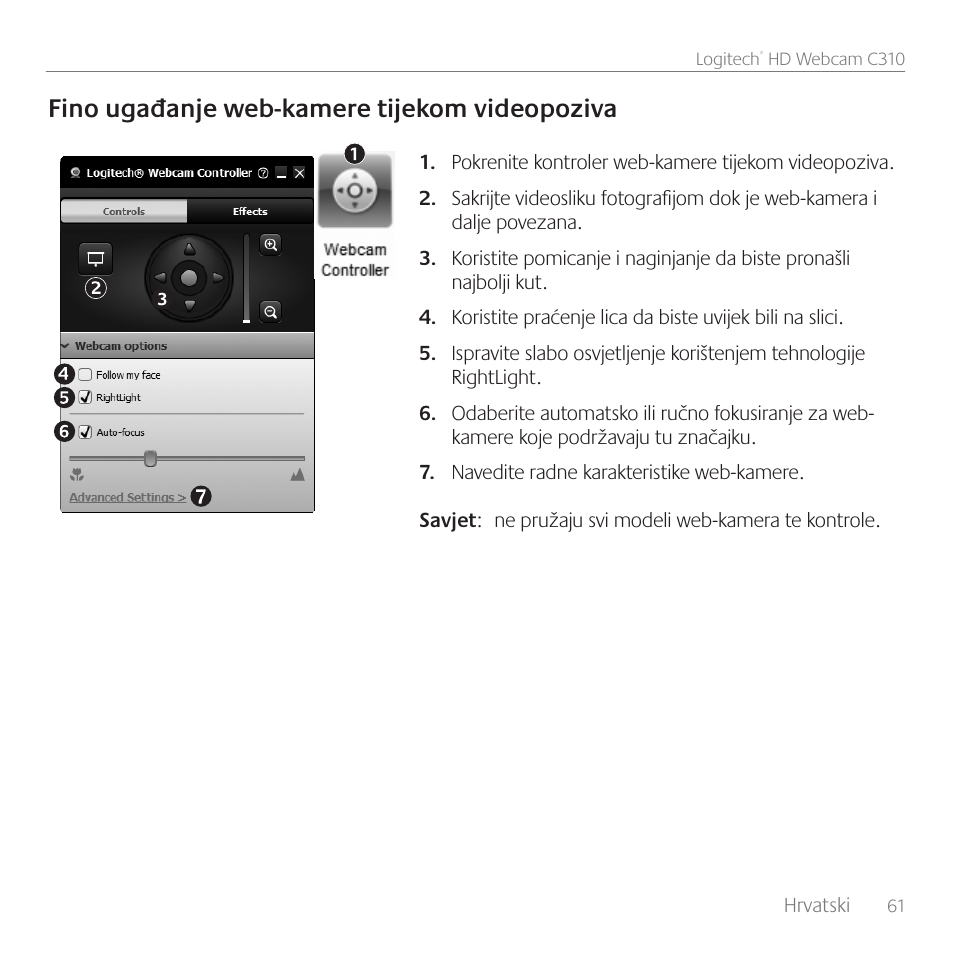 Fino ugađanje web-kamere tijekom videopoziva | Logitech C310 User Manual | Page 61 / 104