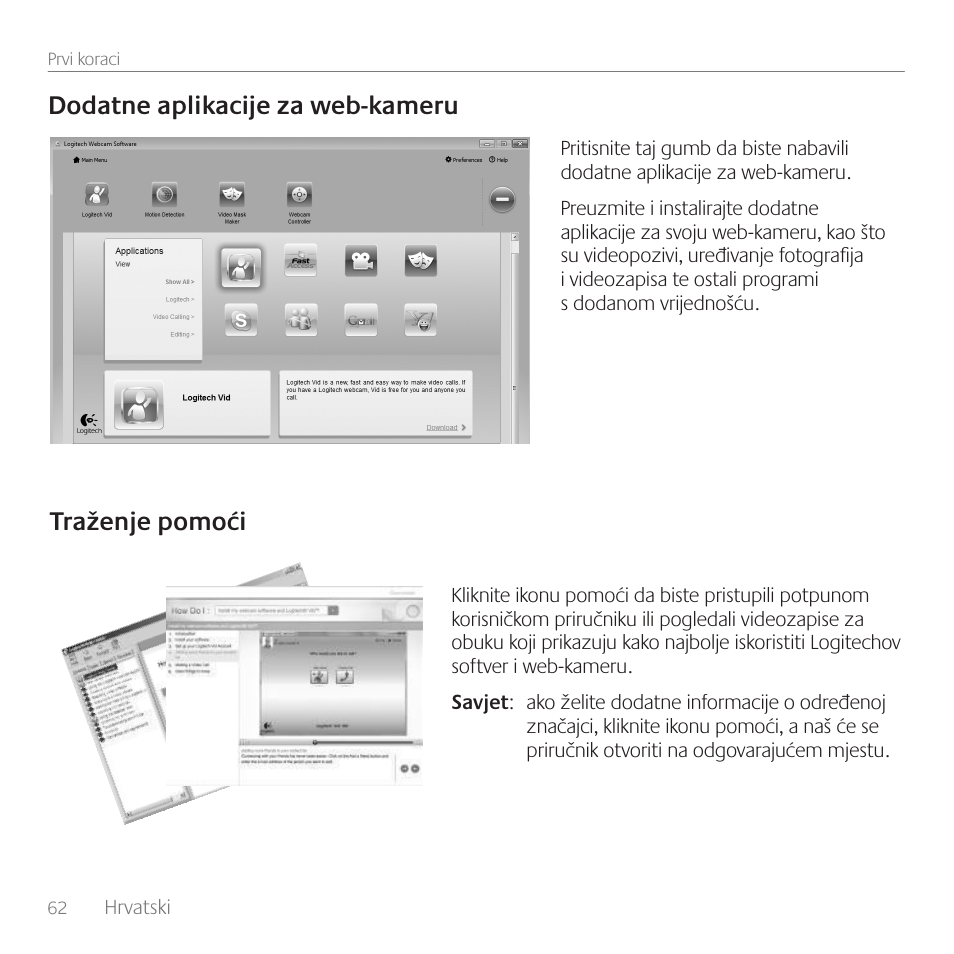 Dodatne aplikacije za web-kameru, Traženje pomoći | Logitech C310 User Manual | Page 62 / 104